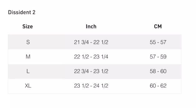 dissident 2 helmet size chart