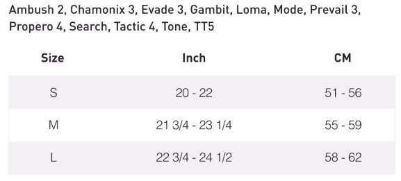 Gambit helmet size chart